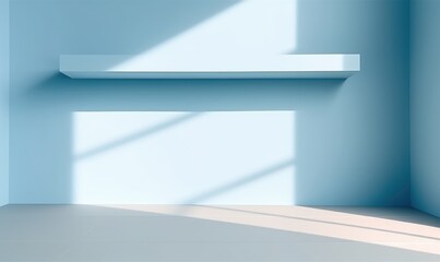 Light minimal blue background for product presentation. Shadow and light from windows on wall.