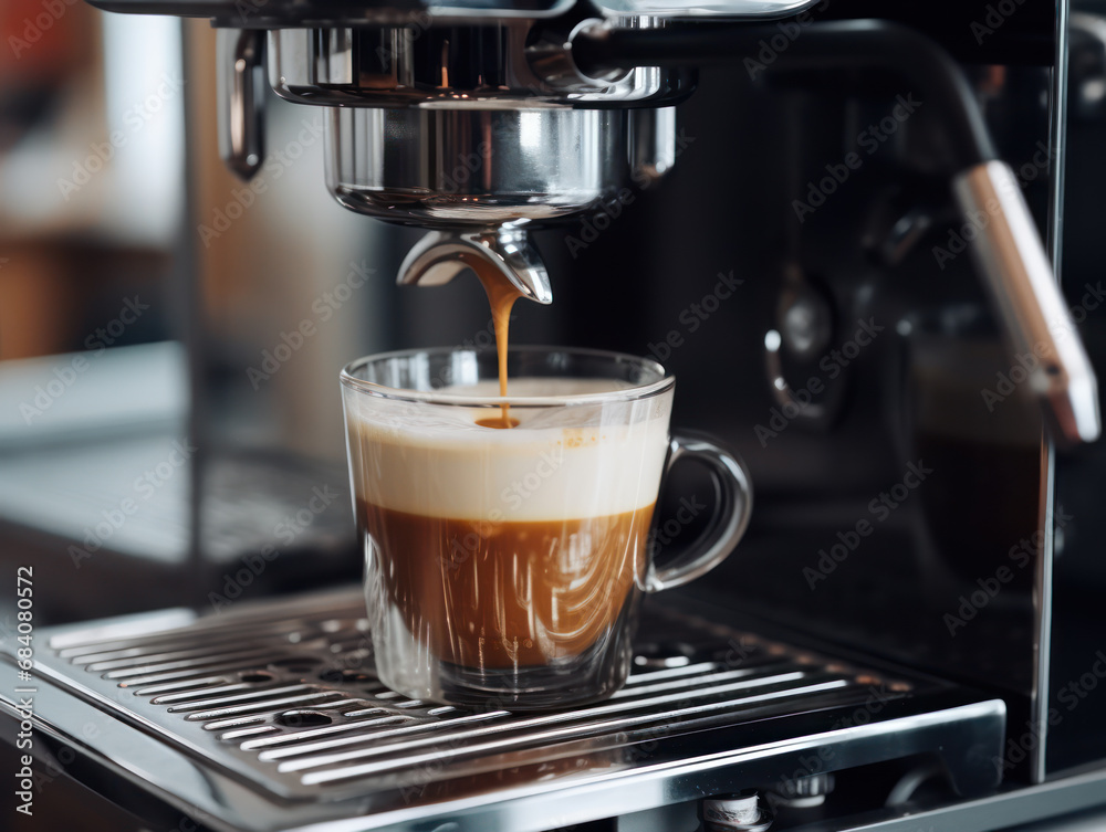 Wall mural photo of brewing expresso coffee in a glass cup that looks delicious