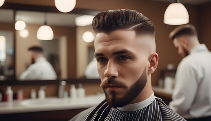 Men in barbershop. Close up portrait. Haircut 