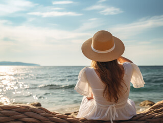 Rear view photo of a woman sitting on the beach sand wearing a white shirt and beach hat