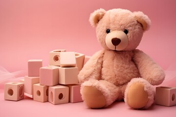 Adorable Teddy Bear Sitting Next to a Colorful Pile of Building Blocks for Creative Playtime Generative AI