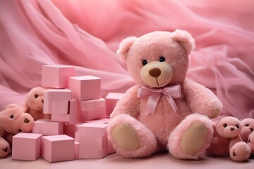 A Group of Adorable Pink Teddy Bears Sitting Together in a Row for a Cute and Cuddly Display Generative AI