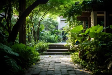 Serene Pathway Leading to a Beautiful House with Lush Garden and Blue Sky in the Background Generative AI