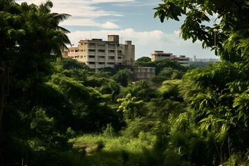 Fototapeta na wymiar Scenic Drive through Lush Greenery with Building in the Background - Nature and Architecture Concept. Generative AI