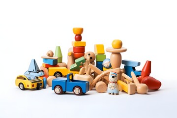 Obraz premium Collection of Colorful Wooden Toys on White Background for Playtime and Learning Activities Generative AI