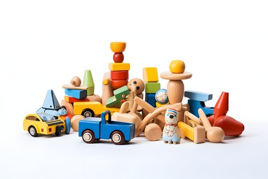 Collection of Colorful Wooden Toys on White Background for Playtime and Learning Activities Generative AI
