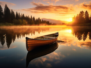 sunset photo on the edge of a lake with boat in the middle of the lake - obrazy, fototapety, plakaty