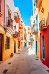 Fototapeta na wymiar Vibrant and Charming Narrow Alleyway with Colorful Buildings and Balconies on Either Side, Arafly Cityscape Generative AI