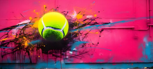 Colorful Graffiti Art of a Tennis Ball with Splatters and Spray Paint on a Vibrant Pink Wall as Urban Street Art Generative AI