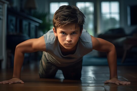 Active young boy exercising with push ups on hardwood floor in cozy living room interior Generative AI