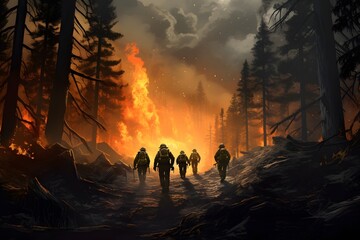 Brave firefighters trekking through the woods amidst raging flames in the distance Generative AI