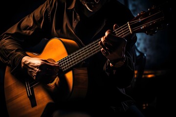 Musician strums his guitar in the shadows of the night, creating a soulful melody Generative AI