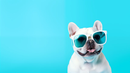Funny pug dog wearing sunglasses on blue background, space for text or wording - obrazy, fototapety, plakaty
