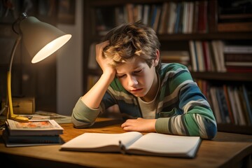 Young boy engrossed in reading a book by the light of a lamp in a dimly lit library at night Generative AI