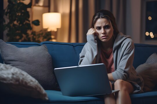 Relaxed Woman Working From Home On A Comfortable Couch With A Laptop In Her Lap Generative AI