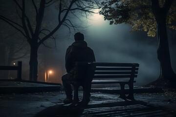 Lonely man sitting on a bench in the dark, lost in thought and contemplating life's mysteries. Generative AI