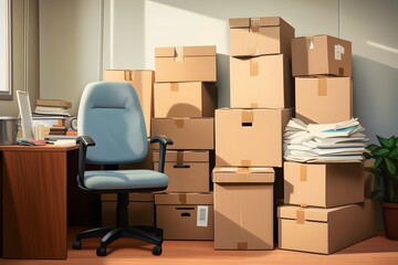 Neatly Stacked Cardboard Boxes in Modern Office Space with Natural Light and Minimalist Decor Generative AI