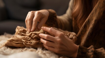 Crafting a Cozy Blanket Skilled Hands Sewing a Soft Fabric to Create a Warm and Comfortable Cover Generative AI