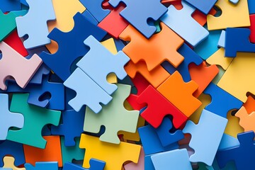 Vibrant Jigsaw Puzzle Pieces in a Colorful Heap - Close Up Shot for Creative Projects and Mind Games Generative AI