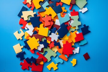 Vibrant Puzzle Pieces in a Colorful Heap on a Blue Background - Close Up Shot for Creative Solutions Generative AI