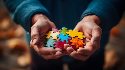 Frustrated Person Holding a Puzzle Piece with Many Missing Pieces on a Wooden Table Generative AI