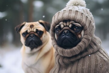 Adorable Pugs Dressed in Winter Attire - Cute Canine Duo Wearing Hats and Sweaters for the Season Generative AI