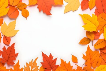 Naklejka na ściany i meble Autumnal Border of Orange and Yellow Leaves on White Background Generative AI