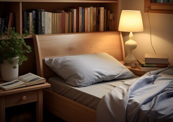 Cozy Bedroom with Bookshelf and Lamp on Bedside Table for Relaxing and Reading at Night Generative AI