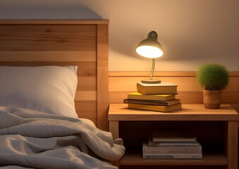 Cozy Bedroom with Rustic Wooden Headboard and Soft Lamp Lighting for a Relaxing Night's Sleep Generative AI