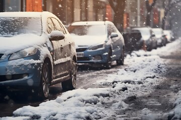 Winter Wonderland Cars Parked on Snowy City Street During Snowstorm Generative AI