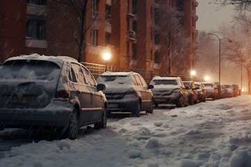 Snowy Night in the City Cars Parked on a Quiet Street During Winter Generative AI