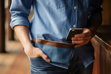 Confident young man in blue shirt casually holding smartphone in pocket while standing against brick wall background. Generative AI - obrazy, fototapety, plakaty