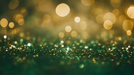 Vibrant Green and Gold Glitter Bokeh Background with Blurred Lights for Festive Celebrations and Events Generative AI
