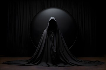 Mysterious Woman in Black Cloak and Dress Standing in the Forest at Night with a Full Moon in the Background Generative AI