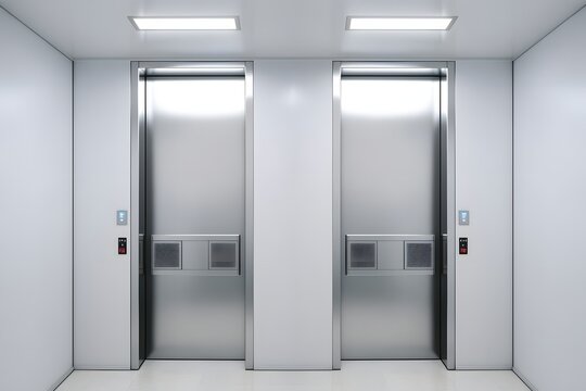 Modern Silver Elevators in Bright White Room with Illuminated Ceiling Lights Generative AI