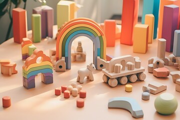 Colorful Wooden Toy Train with Rainbow on Table for Playtime and Imagination Generative AI