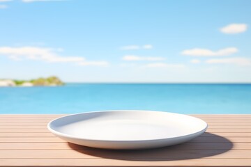 Fototapeta na wymiar Serene Coastal Dining White Plate on Wooden Table with Ocean View Generative AI