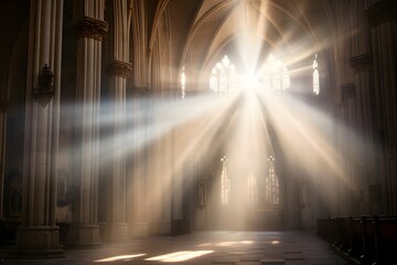 Radiant Beams of Sunlight Illuminate the Majestic Interior of a Grand Cathedral Generative AI - obrazy, fototapety, plakaty