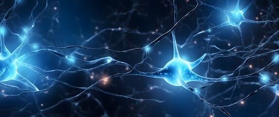 Naklejka na ściany i meble Vibrant Blue Neurons in Close-up Against a Dark Background - Neuroscience and Brain Function Concept Generative AI
