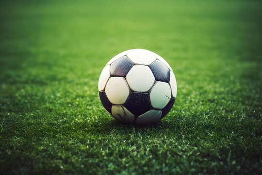 Close-up of a Soccer Ball on a Lush Green Field with Blades of Grass in Focus Generative AI