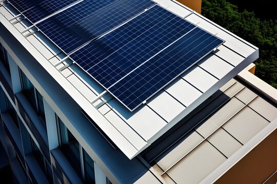 Renewable Energy A Detailed View of Solar Panels Installed on a Rooftop of a Modern Building Generative AI