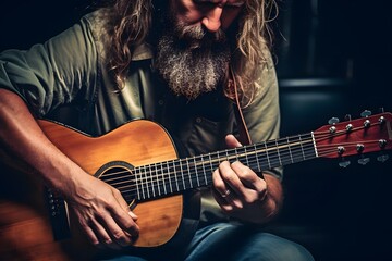 Obraz premium Bearded Musician Strumming Acoustic Guitar with Passion and Soul in Outdoor Setting with Sun Flare and Lens Flare Effects. Generative AI