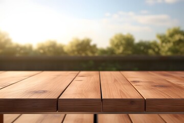 Rustic Wooden Table Surrounded by Lush Greenery in a Serene Outdoor Setting Generative AI