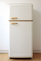 Modern White Refrigerator with Elegant Gold Handles on Natural Wooden Flooring Generative AI
