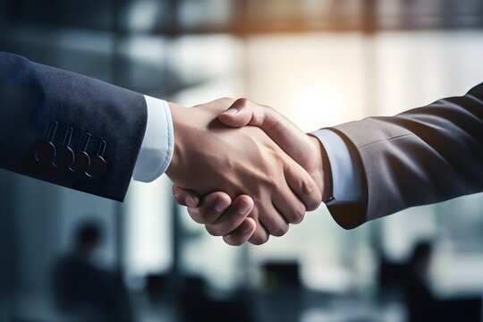 Businessmen shaking hands in a conference room with colleagues in the background Generative AI