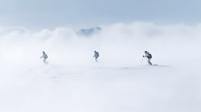 Group of Skiers Hiking Up Snowy Hill in Winter Wonderland Landscape with Snow-Covered Trees and Blue Sky Generative AI