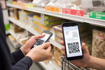 Man Scans QR Code on Smartphone to Access Exclusive Deals and Promotions from Local Businesses Generative AI - obrazy, fototapety, plakaty