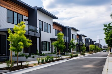 Beautifully Landscaped Modern Townhouses with Lush Trees and Shrubs in Front Generative AI