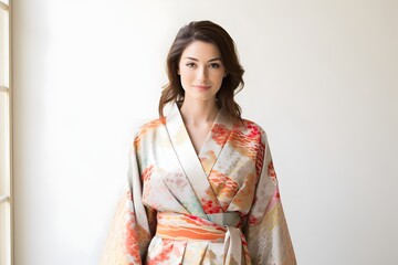 Serene young woman in traditional Japanese kimono standing gracefully by the window with a peaceful expression. Generative AI