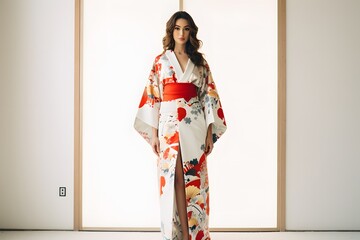 Elegant Woman in Traditional Kimono Standing by Window with Giraffe Figurine in the Background Generative AI